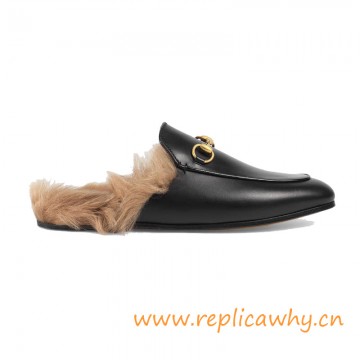 Women's Princetown Leather Slipper Trimmed with Lamb Fur