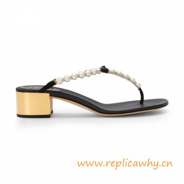Leather Sandal with Pearls Black Satin with Geometric Gold Low Heels