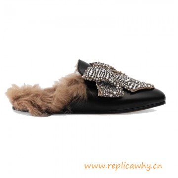 Original Princetown Slipper in Lather Lined with Fur with an Exaggerated Crystal Bow