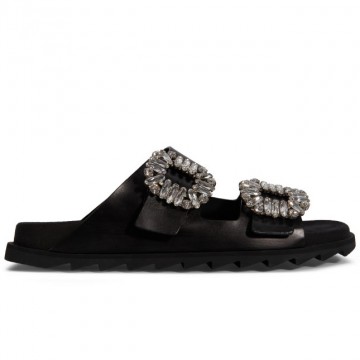 Slidy Viv' Sandals in Metallic Leather with Side Buckles Covered with Crystals