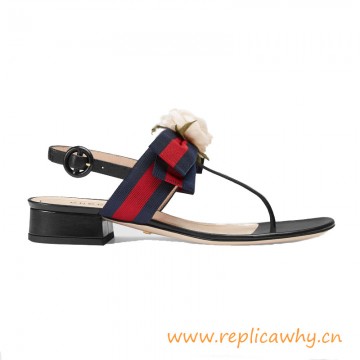 Low Heel Thong Leather Sandal with Web Bow and Silk Flower