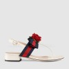 Low Heel Thong Leather Sandal with Web Bow and Silk Flower