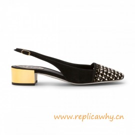 Slingback in Suede with Pearls Low Gold Heel and Glitter 