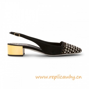 Slingback in Suede with Pearls Low Gold Heel and Glitter 
