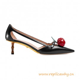 Original Low Heel Leather Cherry Pump with Bamboo Effect Heel