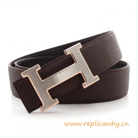 Original Clemence Reversible Coffee Belt Silver H Buckle with Rose Gold Edge