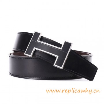 Original Clemence Reversible Coffee Belt Lacquered Black Buckle with Silver Edge