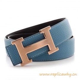 Original Clemence Reversible Belt Blue with Rose Gold Brushed H Buckle