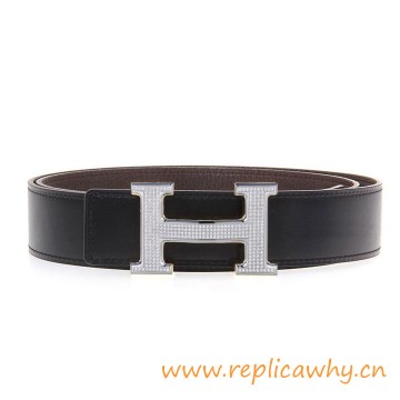 Original Clemence Reversible Belt Coffee with Full Diamonds H Buckle