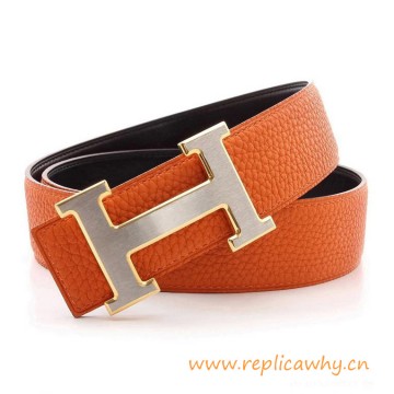 Original Clemence Reversible Orange Belt Silver H Buckle with Gold Edge