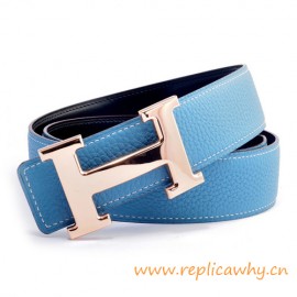 Original Clemence Reversible Belt Blue with Rose Gold Polished H Buckle