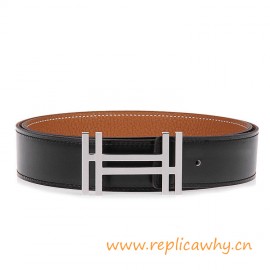 Original Clemence Leather Reversible Belt with Au Carre Double H Buckle