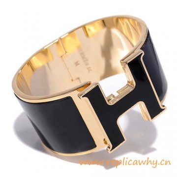 Original Design Click Clack Super Wide H Bracelet with Black Enamel