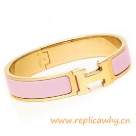 Original H Narrow Bracelet Gold Plated with Pink Enamel