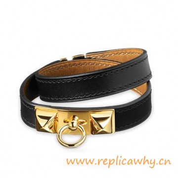 Original Quality Pyramid Rivale Leather Narrow Bracelet Black