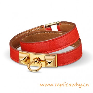 Original Quality Pyramid Rivale Leather Narrow Bracelet Sao Red