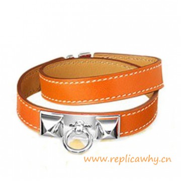 Original Quality Pyramid Rivale Leather Narrow Bracelet Orange