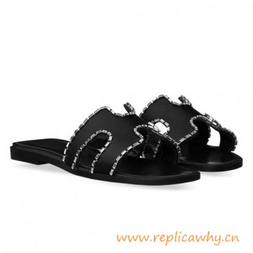 Original Oran Sandals Calf Leather in Satin Covered with Rhinestone Elements