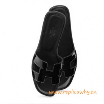 Original Oran H Sandals Calfskin Patent Leather Slippers All Black