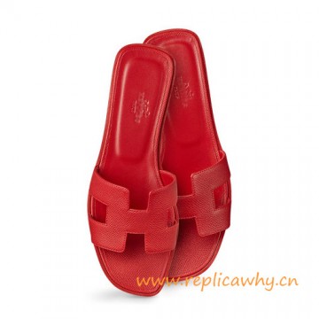 Original Oran H Sandals Epsom Leather Slippers Sao Red with Leather Sole