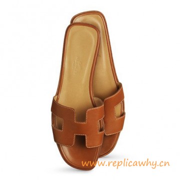 Original Oran H Sandals Calfskin Leather Coffee Slippers
