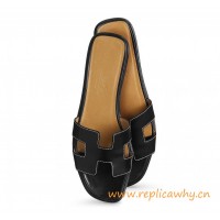 Original Oran H Sandals Calfskin Leather Black Slippers