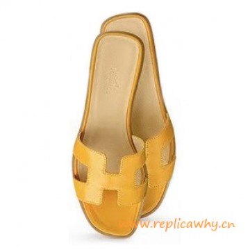 Original Oran H Sandals Calfskin Leather Yellow Slippers