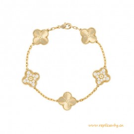 Top Quality Alhambra Bracelet with 5 Motifs Round Diamonds