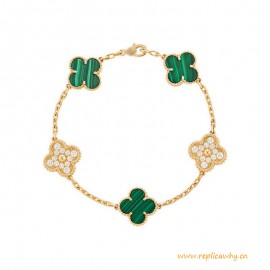 Top Quality Alhambra Bracelet with 5 Motifs Diamond Malachite